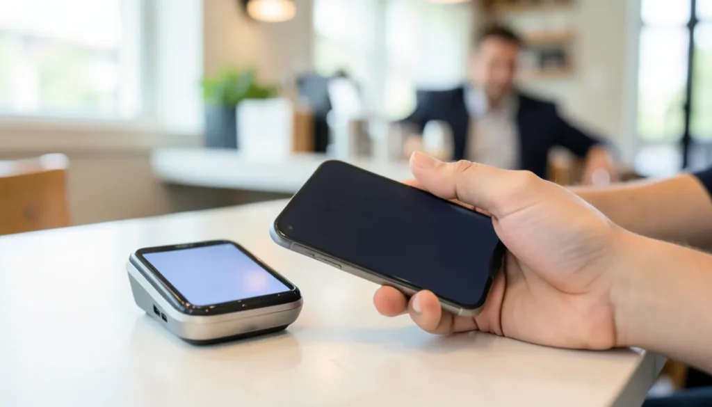 Hand holding a smartphone with a blank screen tapping a contactless payment terminal in a cafe