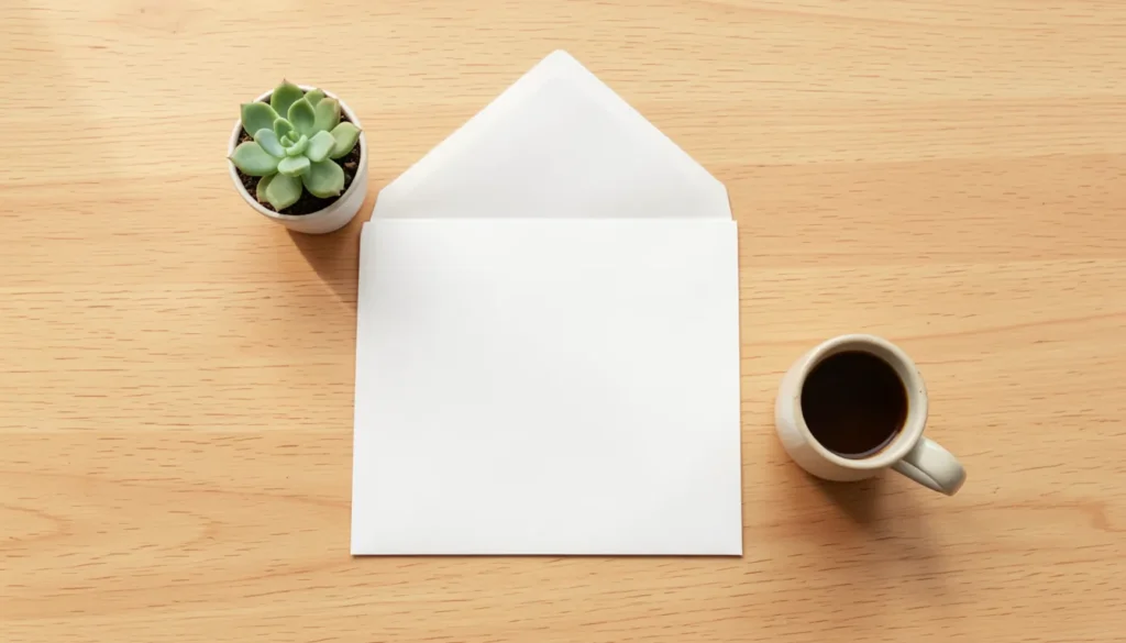 Blank white envelope, a small potted succulent, and a cup of coffee arranged on a bright wooden desk