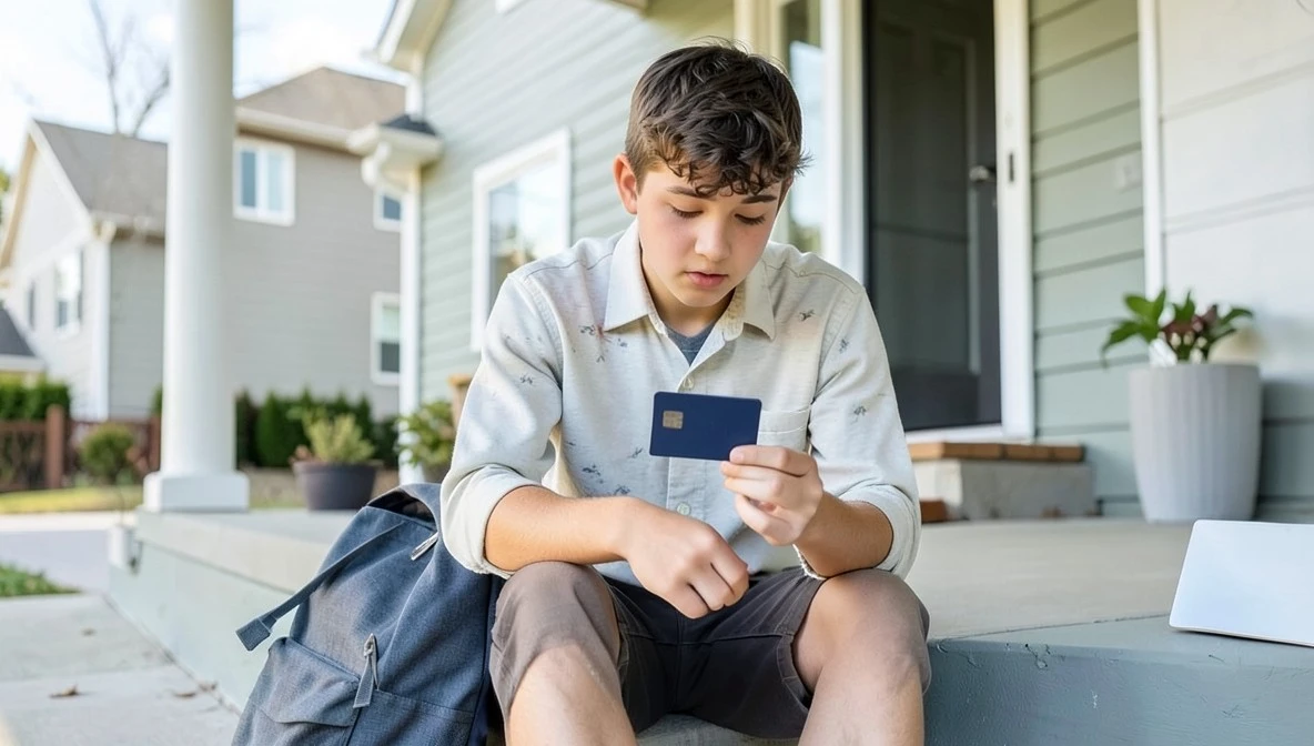 Teenage boy sitting on a porch step looking at a plain debit card, backpack resting beside him