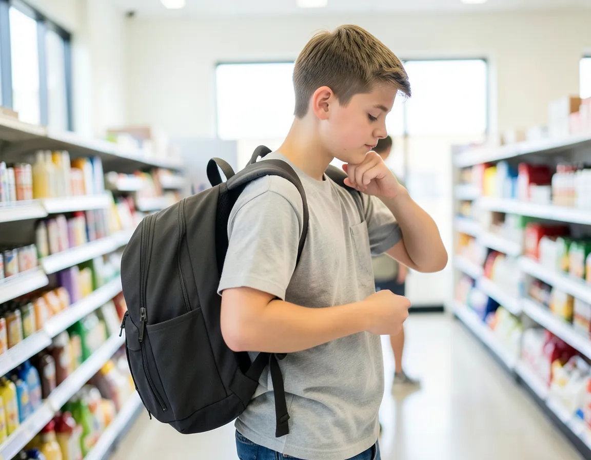Teenage boy wearing a backpack while browsing a store aisle