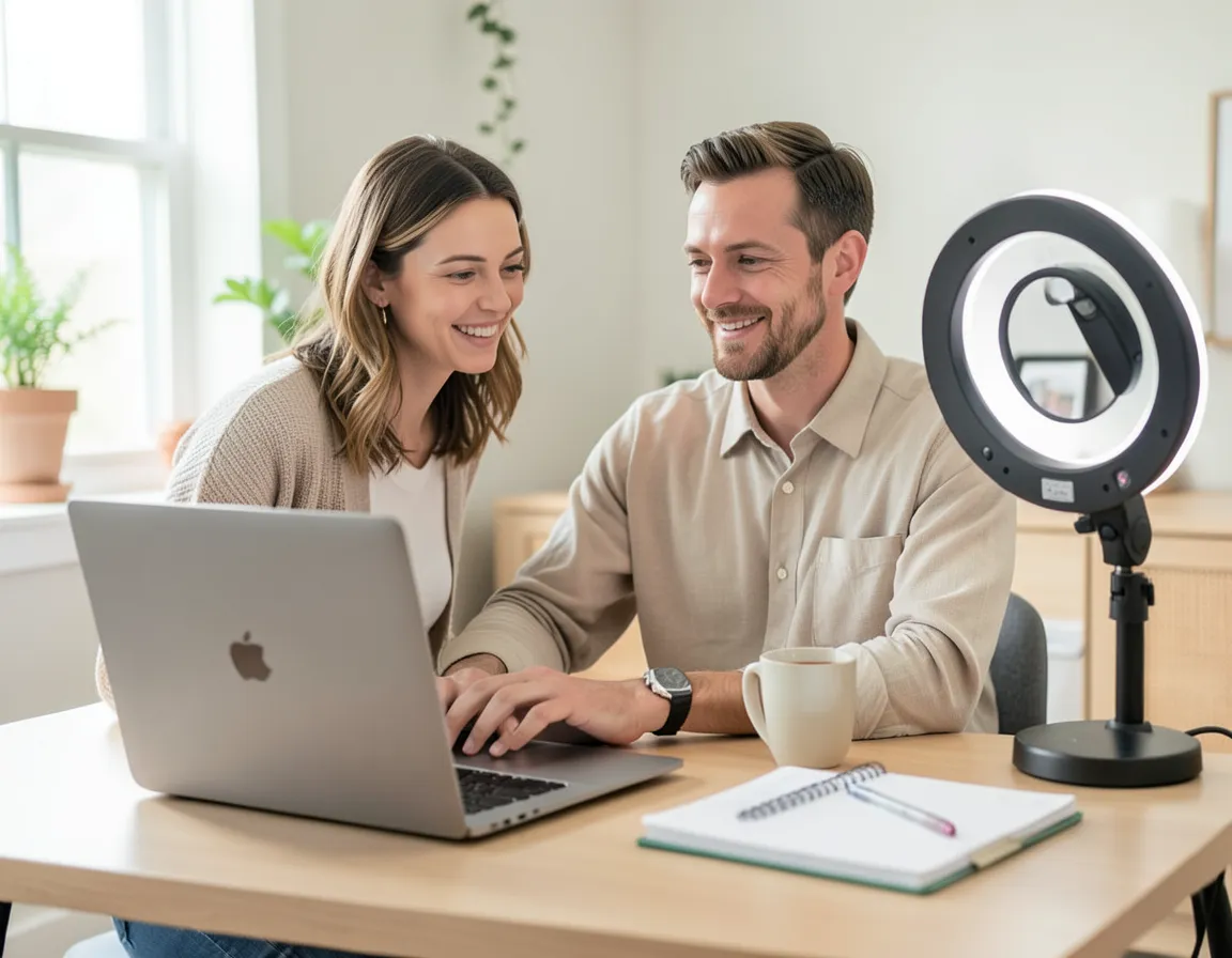 Person testing camera angle and ring light before an AI video job interview at home