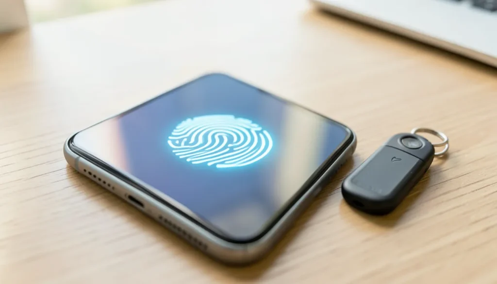 Smartphone displaying a glowing fingerprint icon next to a small security key fob on a wooden desk