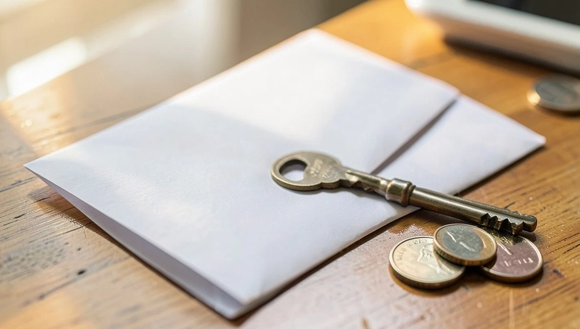 Close-up of a blank white envelope, a single house key, and a few loose coins on a wooden desk