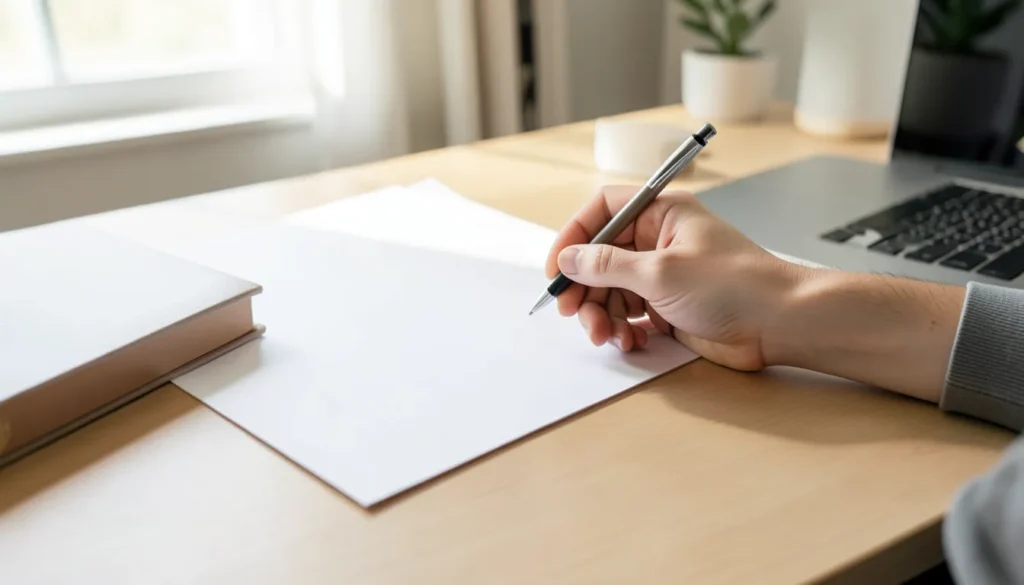 Hand holding a pen over a completely blank application paper next to a closed laptop on a home desk
