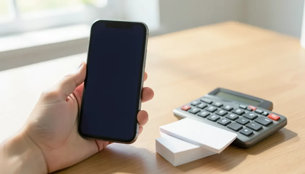 Hand holding a smartphone with a blank dark screen next to a calculator and blank index cards, representing tracking payment app transactions for taxes