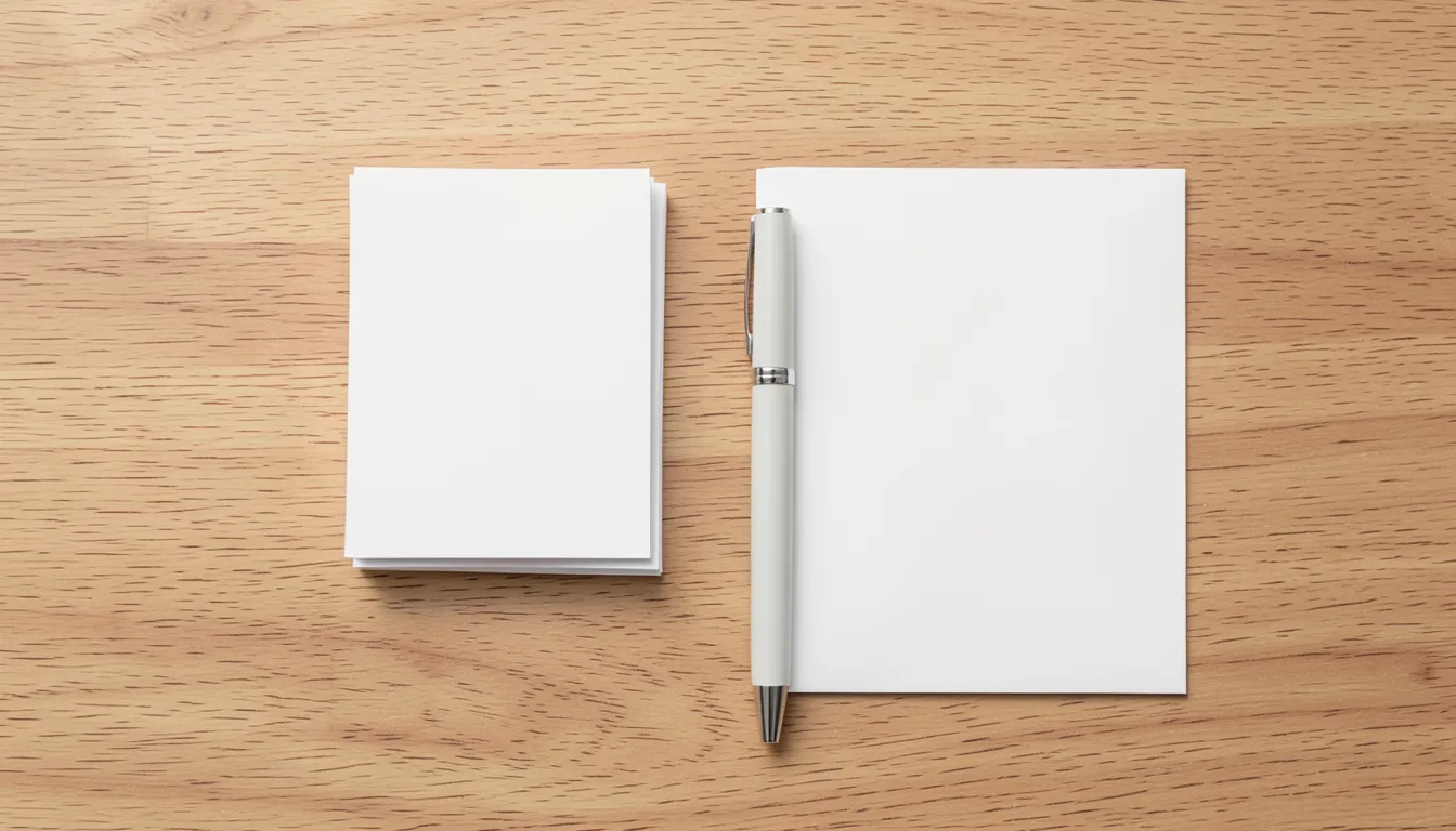 A pen, a stack of blank index cards, and a blank envelope on a desk, representing organizing 1099-K tax records