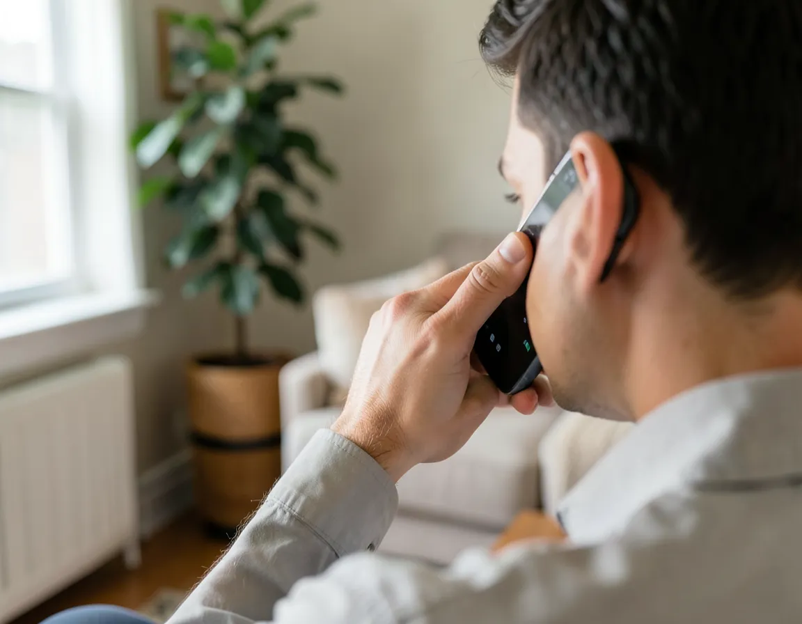 Man answering an unexpected phone call at home, screen turned away from the camera