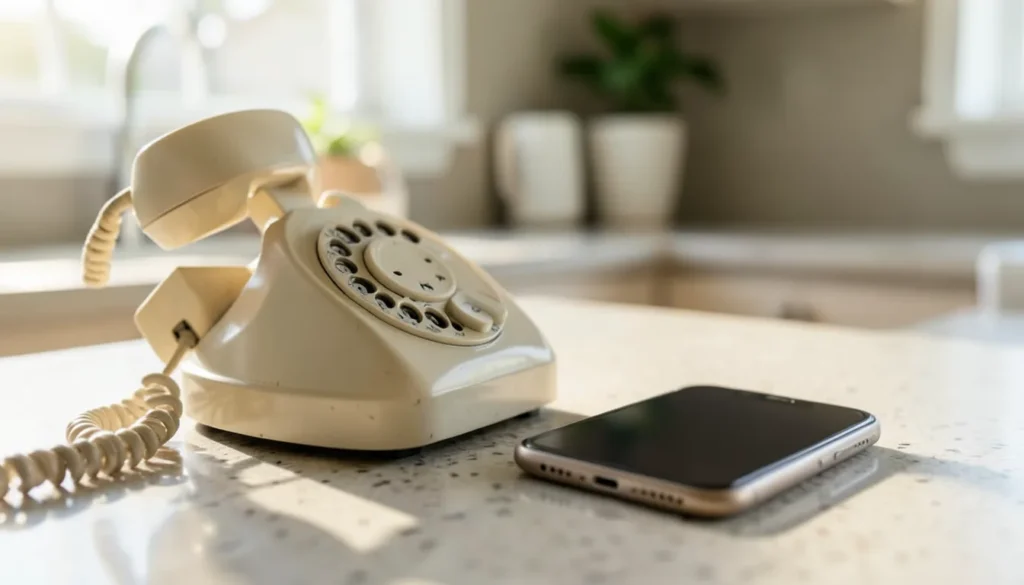 Vintage landline phone receiver resting off the hook next to a smartphone with a blank screen on a kitchen counter