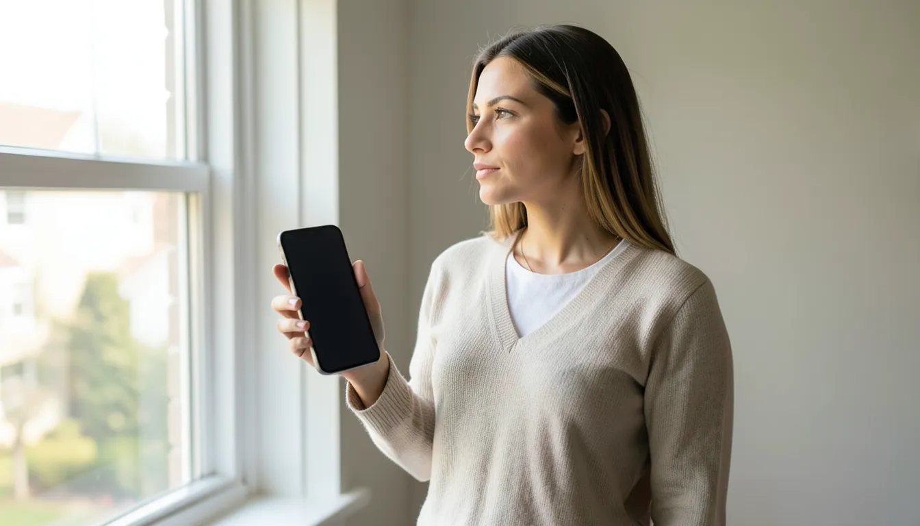 Woman standing by a bright window at home holding a smartphone with a blank screen, thinking about her tax withholding