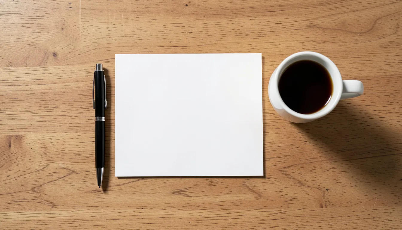Top-down flat lay of a blank index card, a pen, and a cup of coffee on a wooden desk