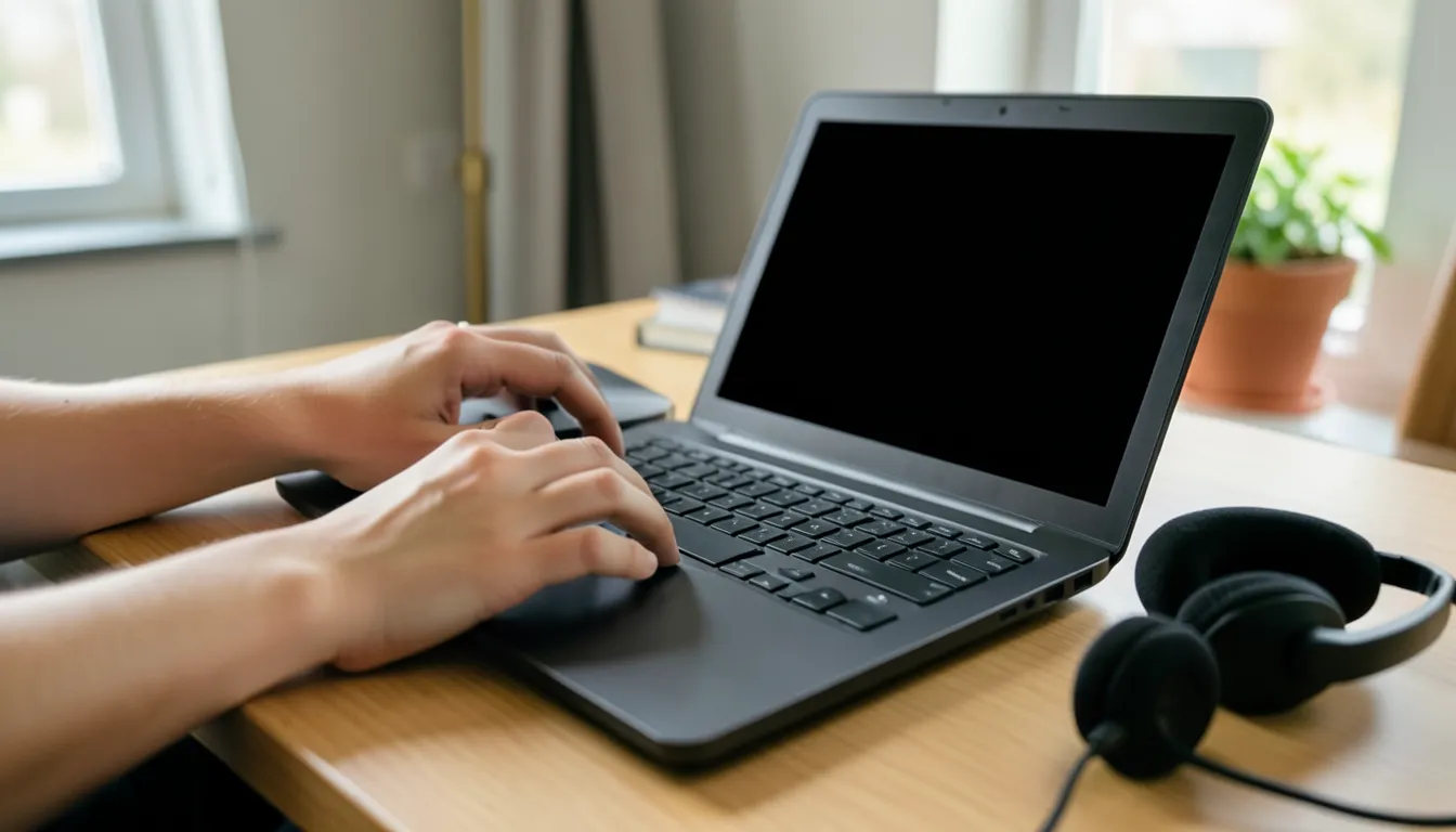Close-up of hands typing on a laptop keyboard with a wired headset resting beside it on a home desk