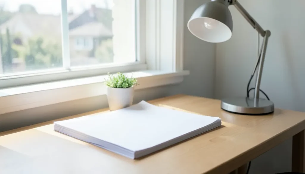 Tidy home office desk corner with a stack of blank paper, a small potted plant, and a desk lamp near a window