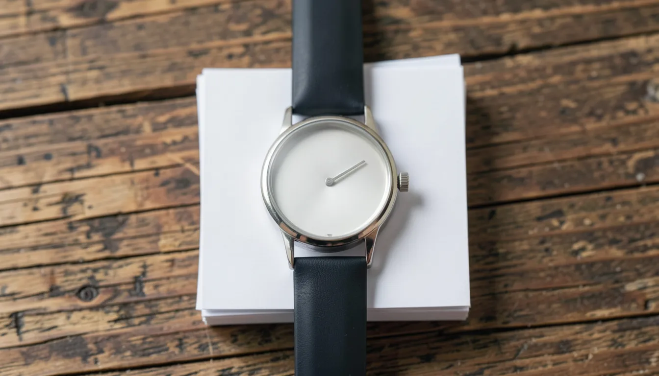 Plain wristwatch with a blank face resting on a small stack of blank white paper on a wooden table