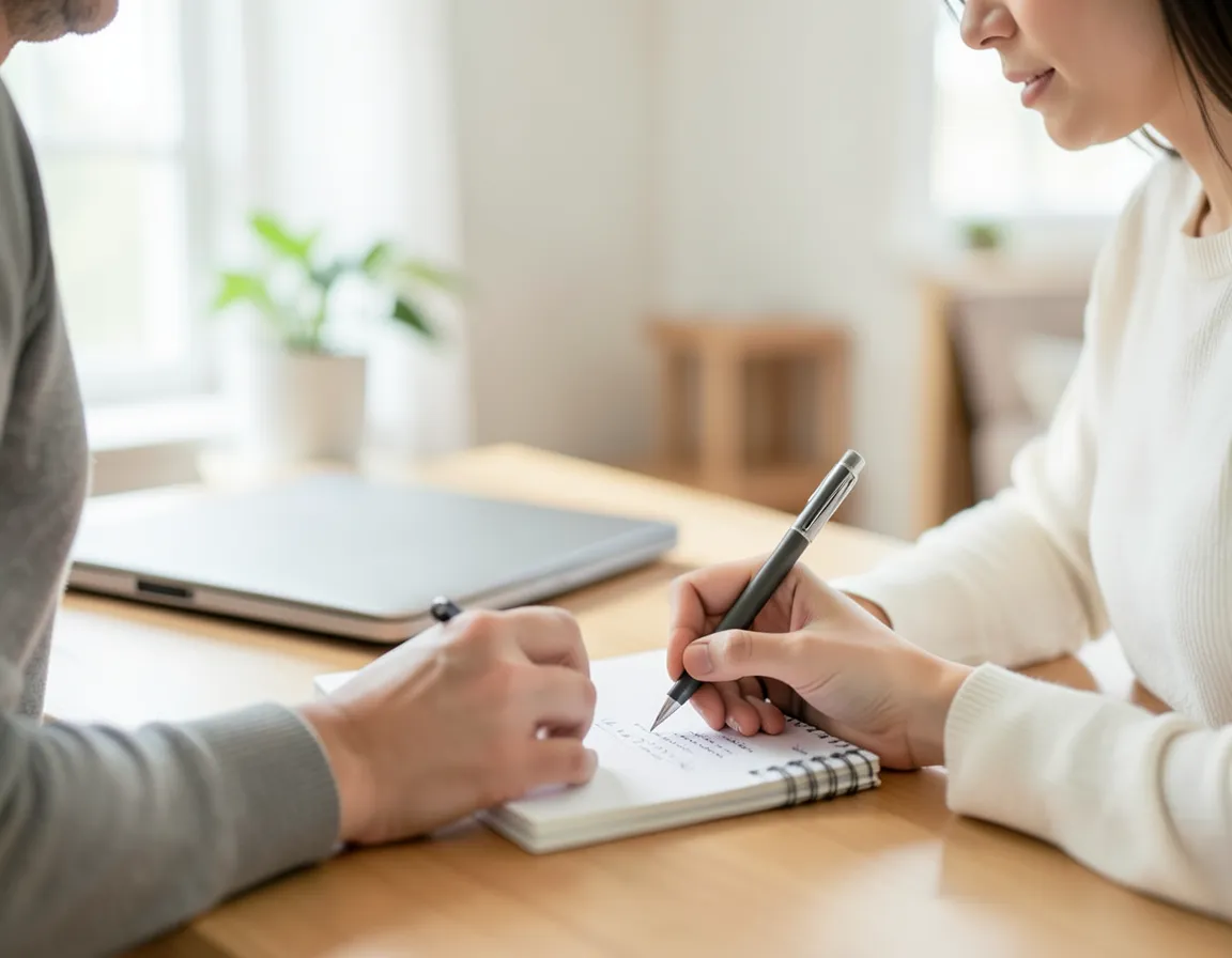 Hands writing notes in a spiral notebook next to a closed laptop while preparing for a job interview