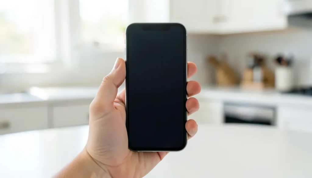 Close-up of a hand holding a smartphone with a blank dark screen in a bright kitchen, checking for a Zelle scam alert