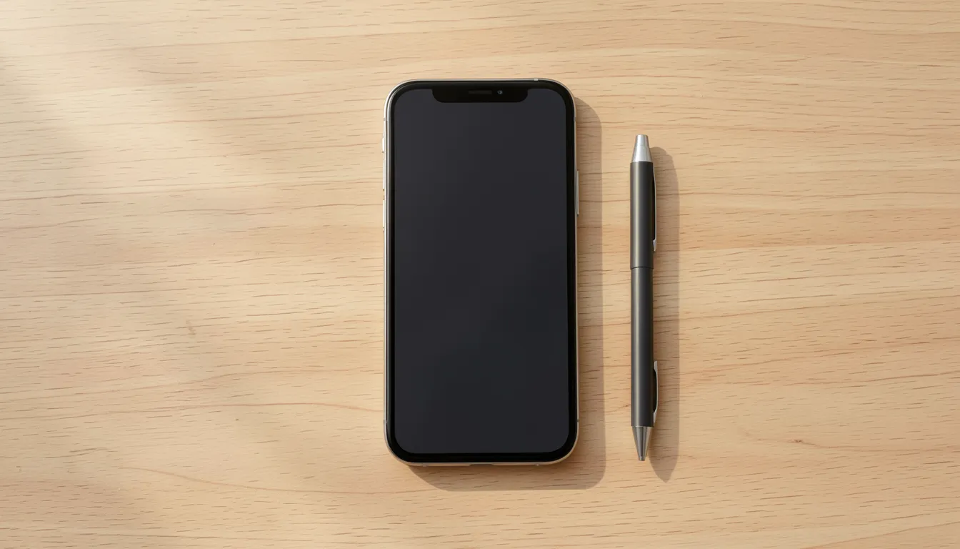 Smartphone with a blank dark screen next to a pen on a wooden desk, reviewing a Zelle payment before sending it