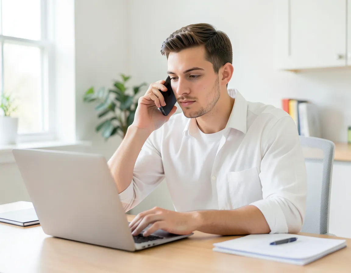 Young man on the phone with customer support at a home office desk, working through a payment dispute