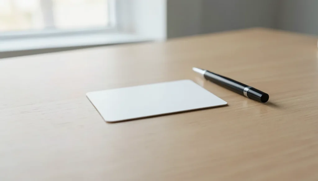 A blank credit card and a pen resting on a wooden desk before disputing a charge