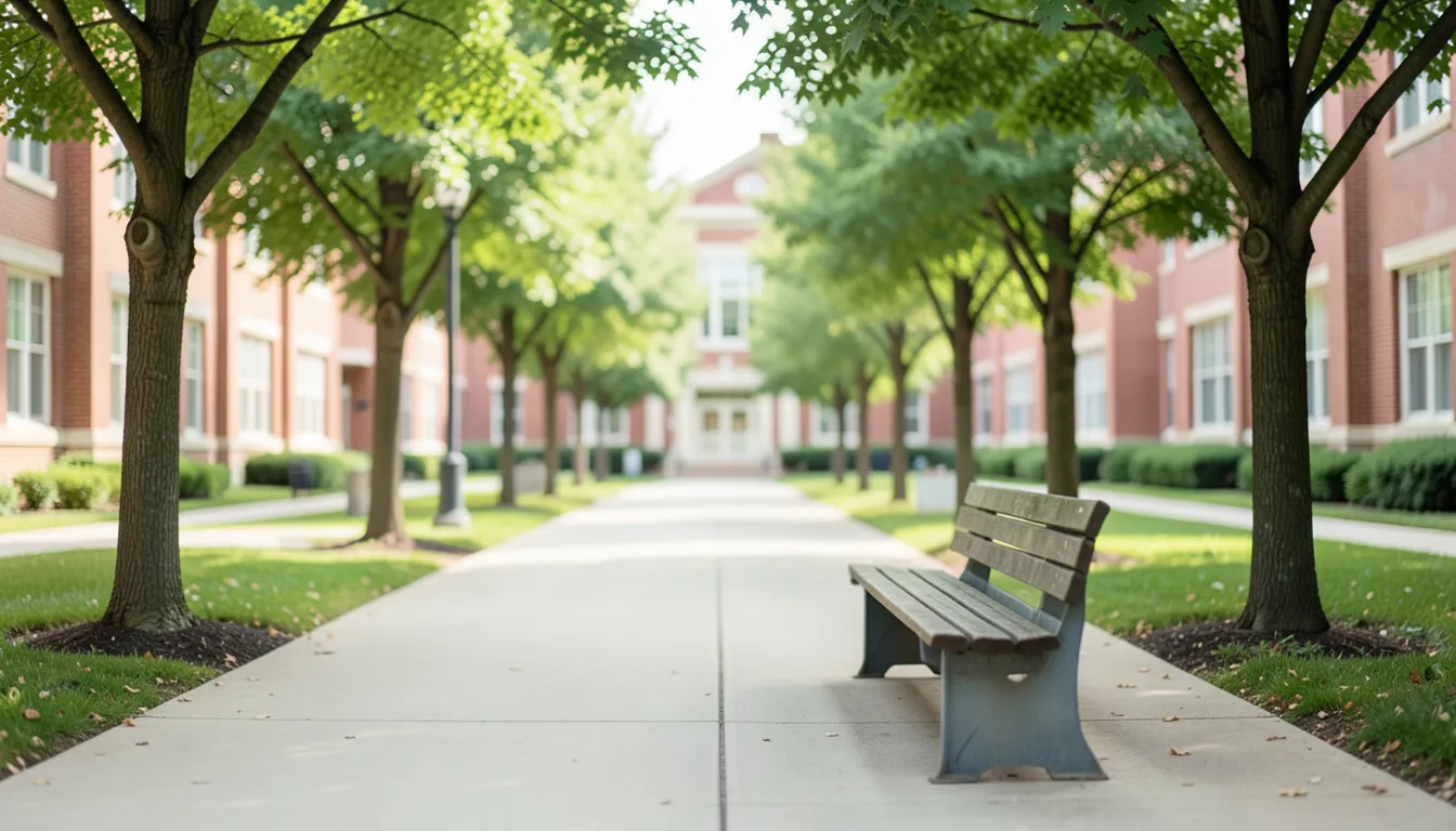 Empty tree lined college campus walkway with a bench, no people
