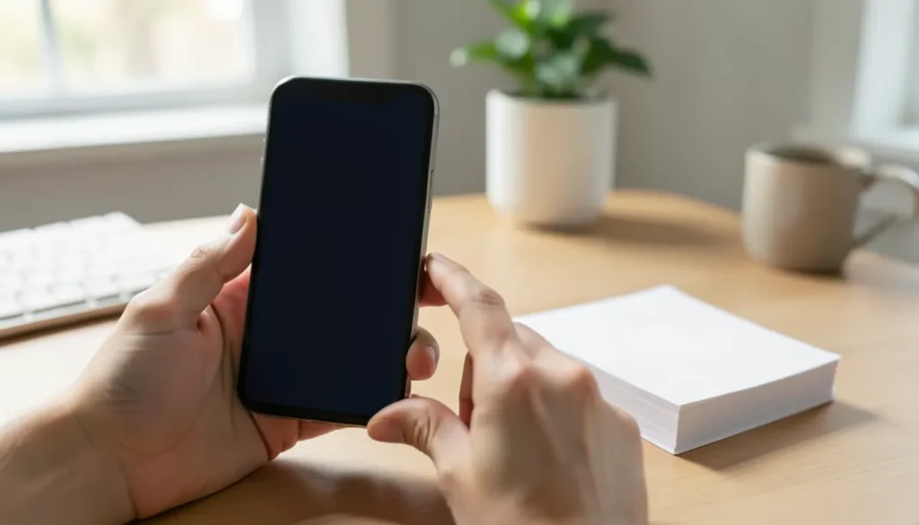 Hands holding a smartphone with a blank screen next to paper on a home office desk while setting up an IRS Identity Protection PIN