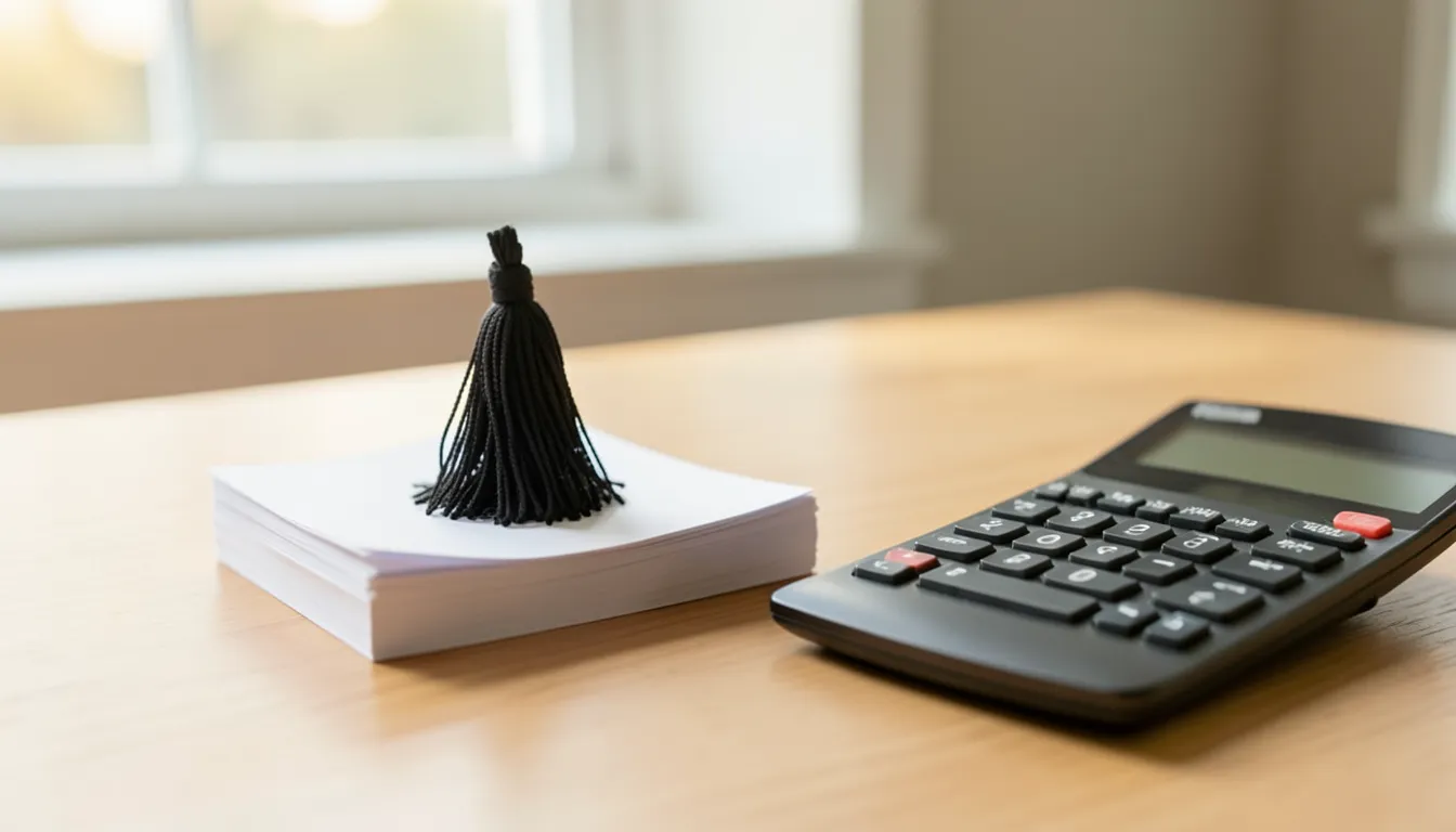 Graduation tassel and blank paper next to a calculator, representing student loan repayment math