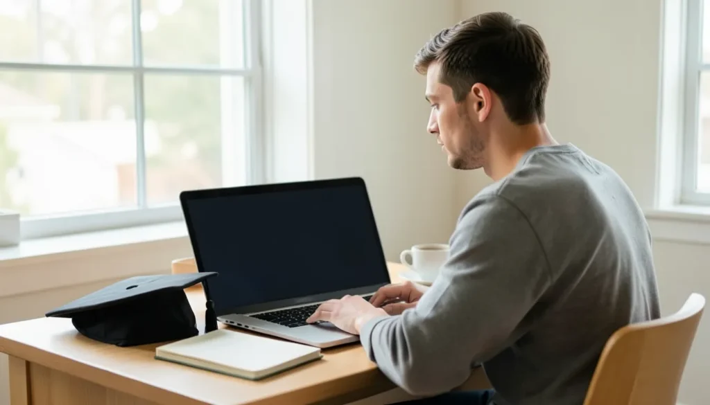 Man reviewing his student loan repayment options on a laptop at a home desk