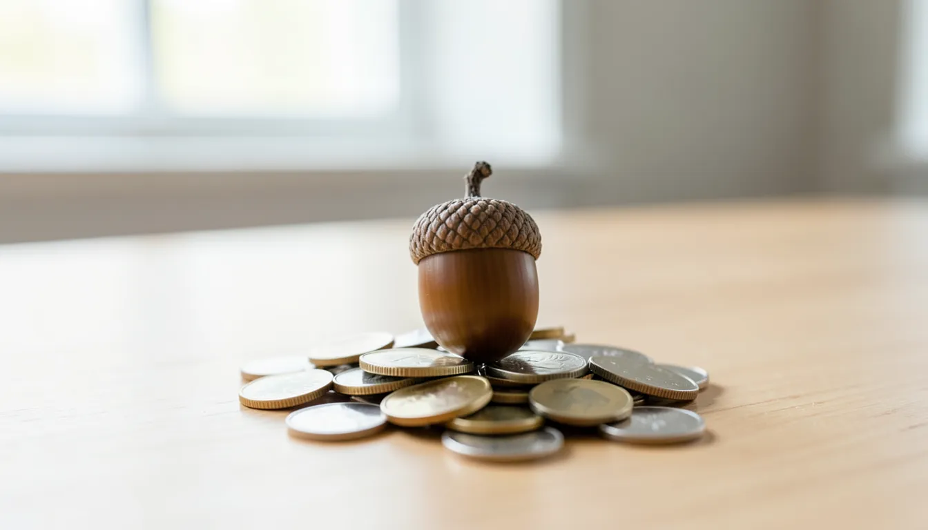 Single acorn resting on a small pile of coins, representing small investments growing over time