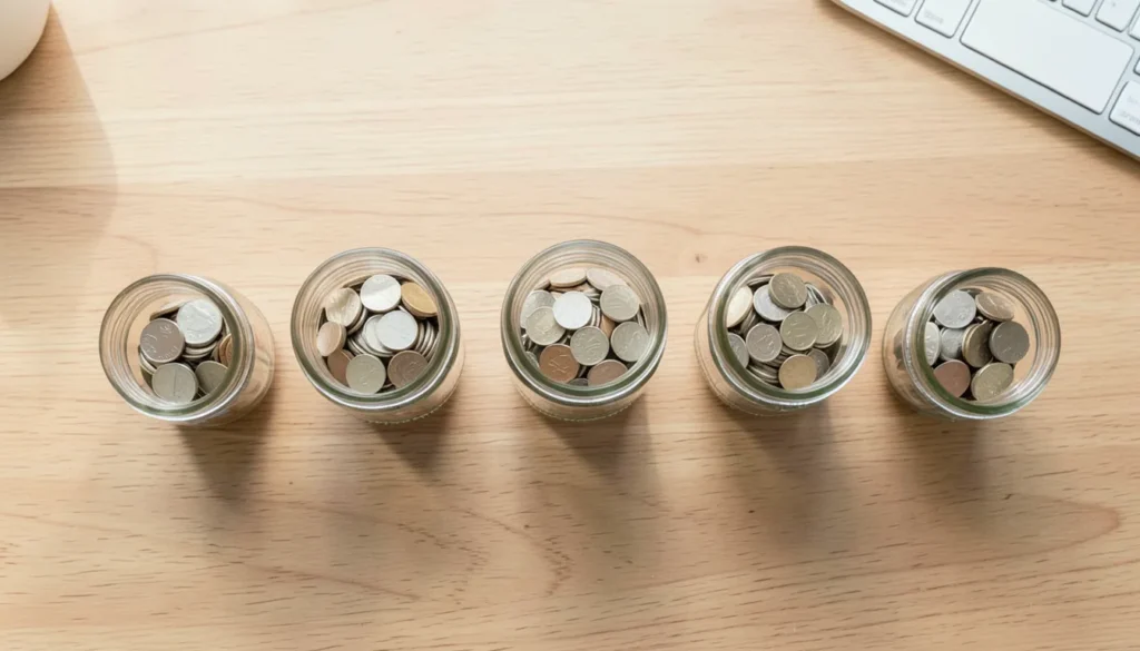 Row of small glass jars filled with different amounts of coins on a wooden desk, representing organizing a budget into spending categories