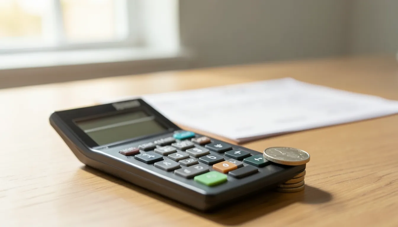 Calculator and a small stack of coins on a desk with a blurred pay stub behind it