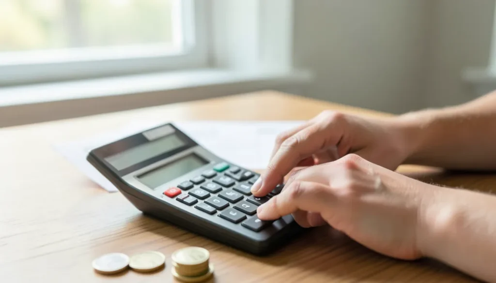 Hands using a calculator next to a small stack of coins with a pay stub blurred in the background
