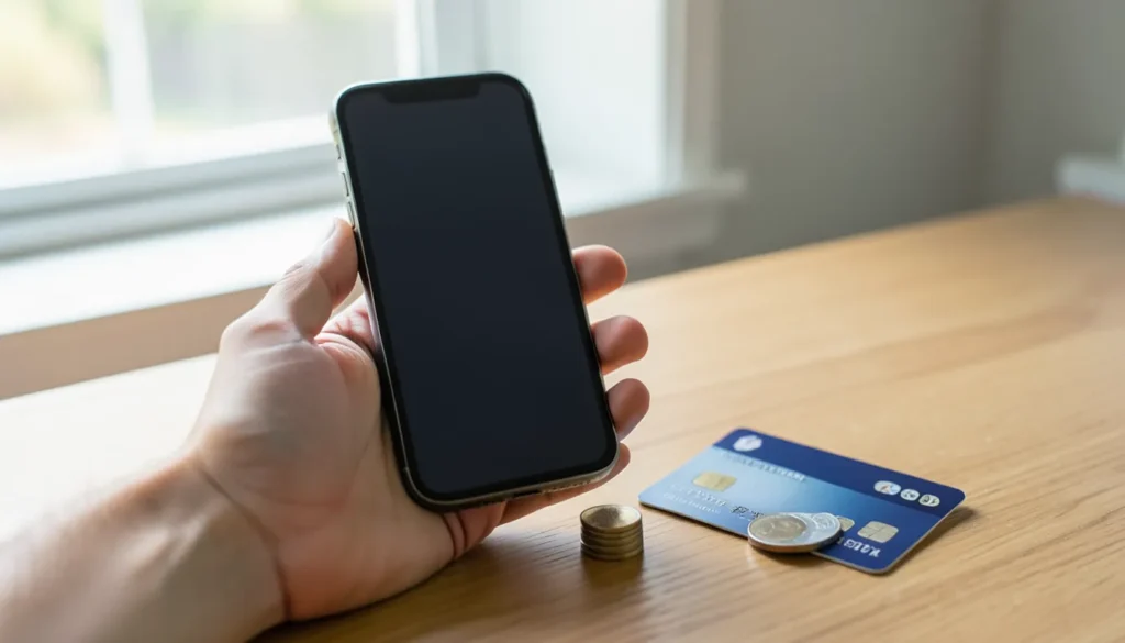 Hand holding a smartphone next to a credit card and a stack of coins, representing preparing to file a CFPB complaint about a financial account