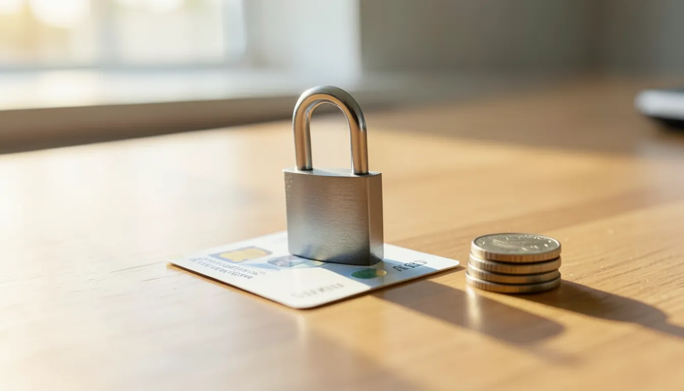 Small padlock resting on a credit card next to a stack of coins, representing a disputed or frozen financial account