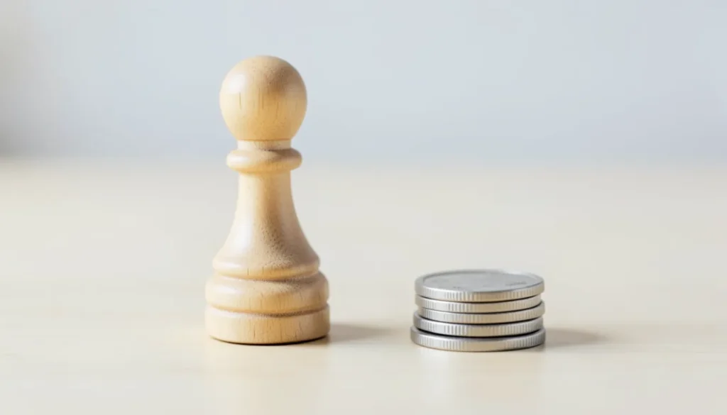 Wooden chess pawn next to a small stack of coins, representing starting small as a beginner investor