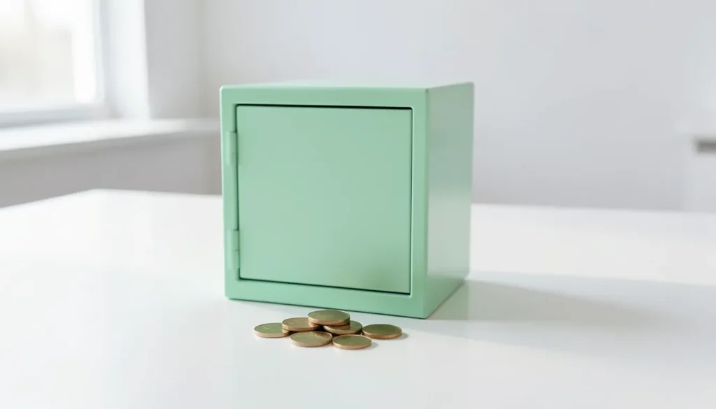 Small mint green safe box with a few coins in front of it, representing bank account safety