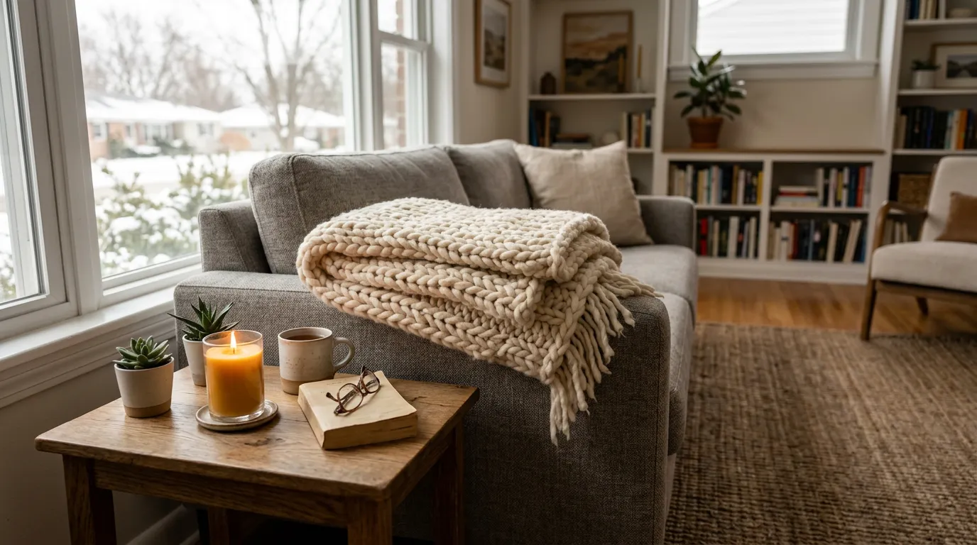 A folded chunky knit blanket on a couch in a cozy living room during winter