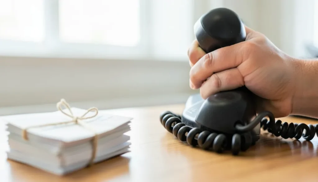 Hand holding a corded telephone handset to call about a credit report error, tied stack of envelopes nearby