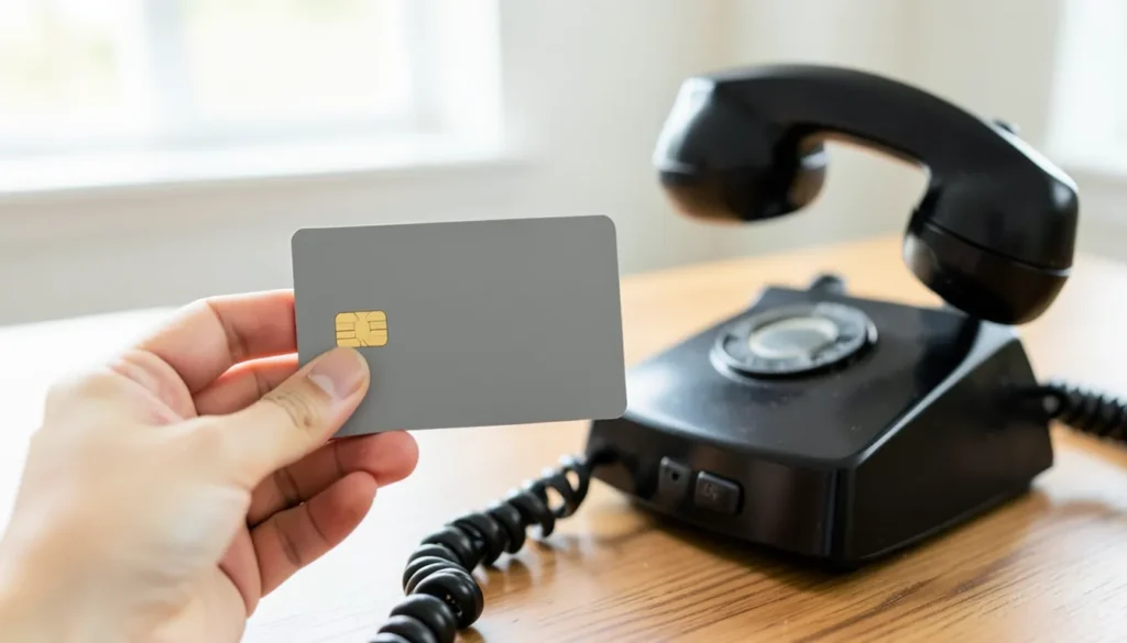 Hand holding a plain credit card next to a corded desk telephone handset, representing calling to dispute a credit card charge