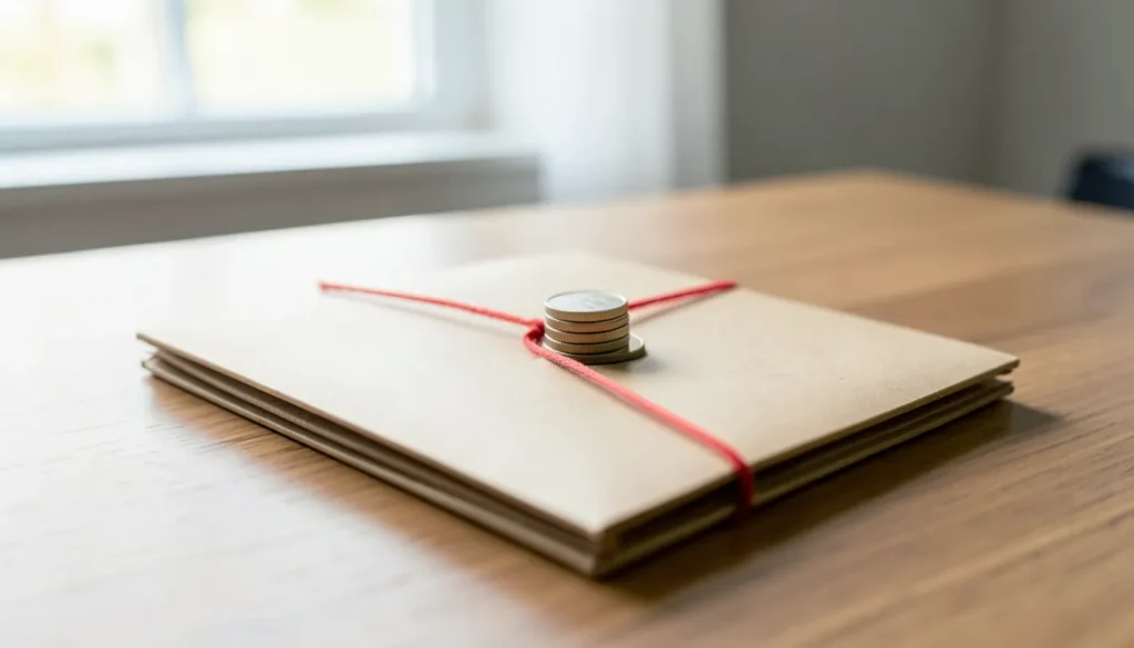 Kraft document folder tied with red string with a stack of coins on top, representing payment app tax records