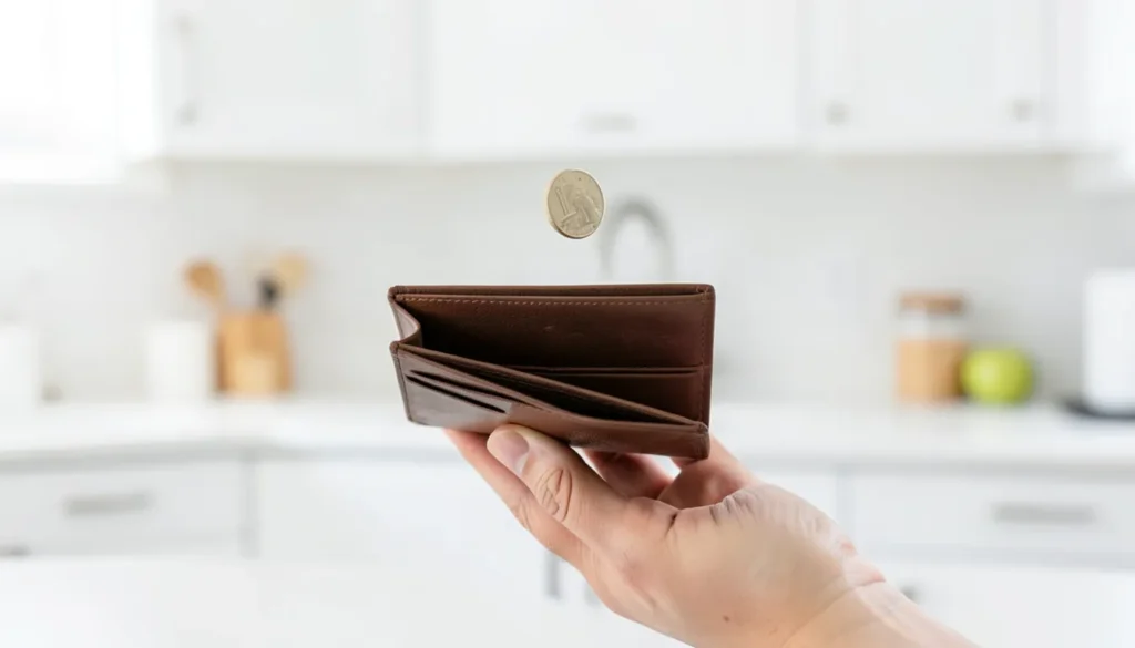Hand holding an open empty wallet with a single coin in mid air, representing money lost to a Zelle scam