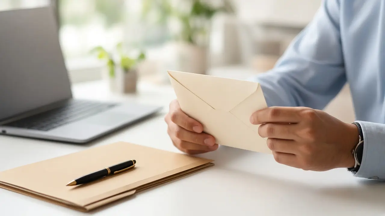 Sealed envelope on an office desk, representing a written job offer waiting to be reviewed