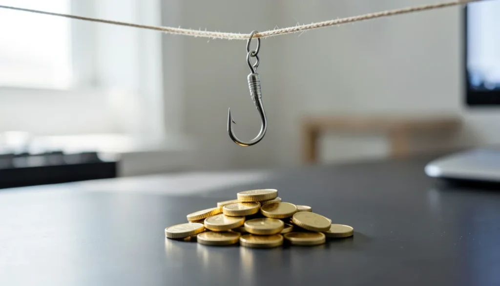 Fishing hook dangling above a pile of gold colored coins