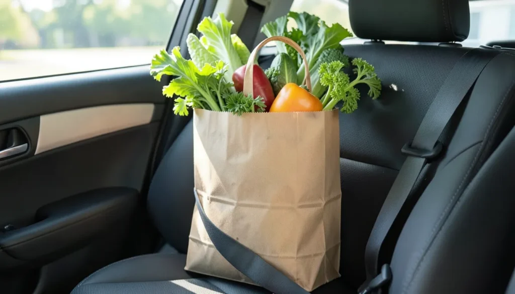 Brown paper grocery bag full of fresh produce secured by a seatbelt on a car passenger seat