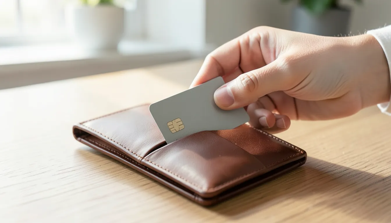 Hand tucking a plain credit card into a closed brown leather wallet on a wooden desk