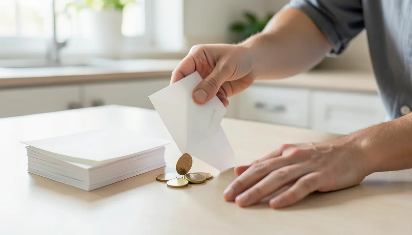 Hand tipping an envelope so coins spill out onto a kitchen table next to a stack of envelopes