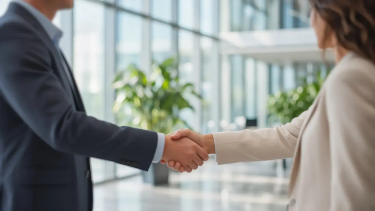 Handshake across a desk after a job offer discussion