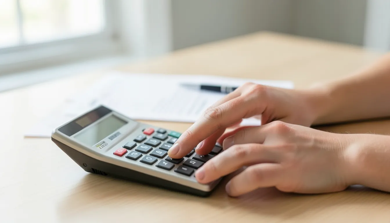 Close-up of hands adjusting a calculator next to a blurred pay stub and a pen on a desk