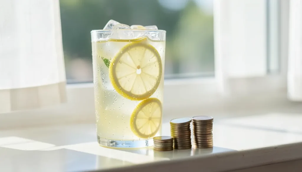 Sweating glass of iced lemonade next to stacks of coins on a sunny windowsill, representing saving money in summer