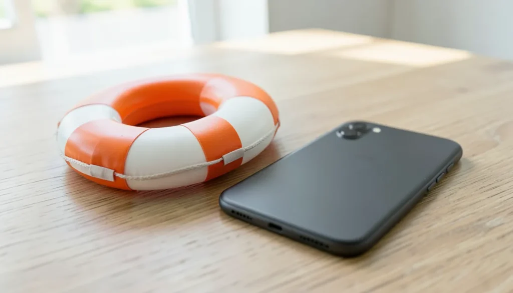 Life ring buoy next to a smartphone lying face down on a table