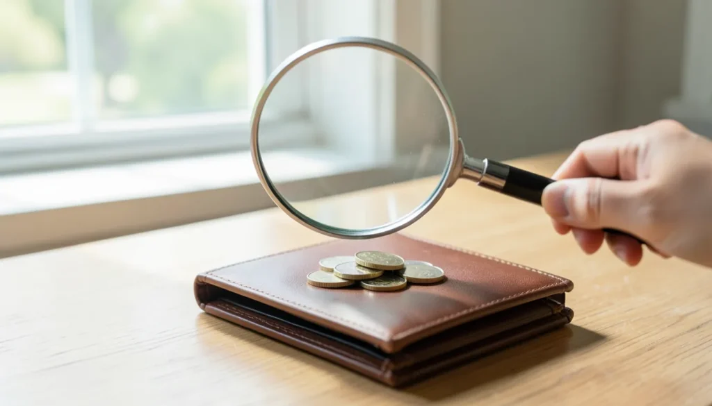 Magnifying glass held over an open leather wallet with a small pile of coins, representing reviewing your credit report