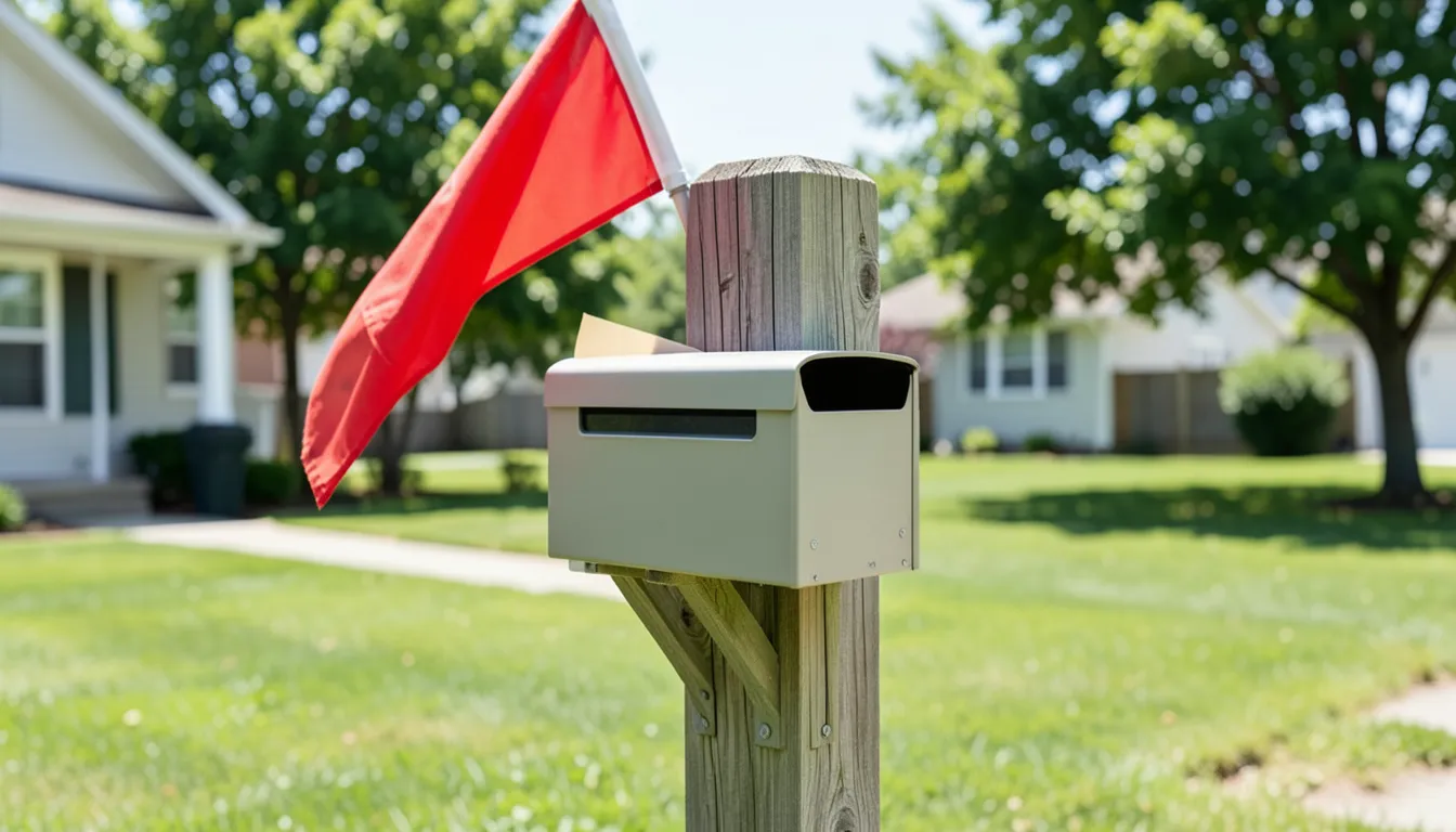 Home mailbox with its red flag raised and an envelope corner peeking out, mailing a credit report dispute letter